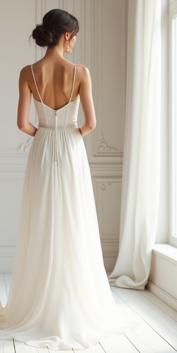  Elegant spaghetti strap wedding dress with lace bodice, flowing chiffon skirt, and beaded waist