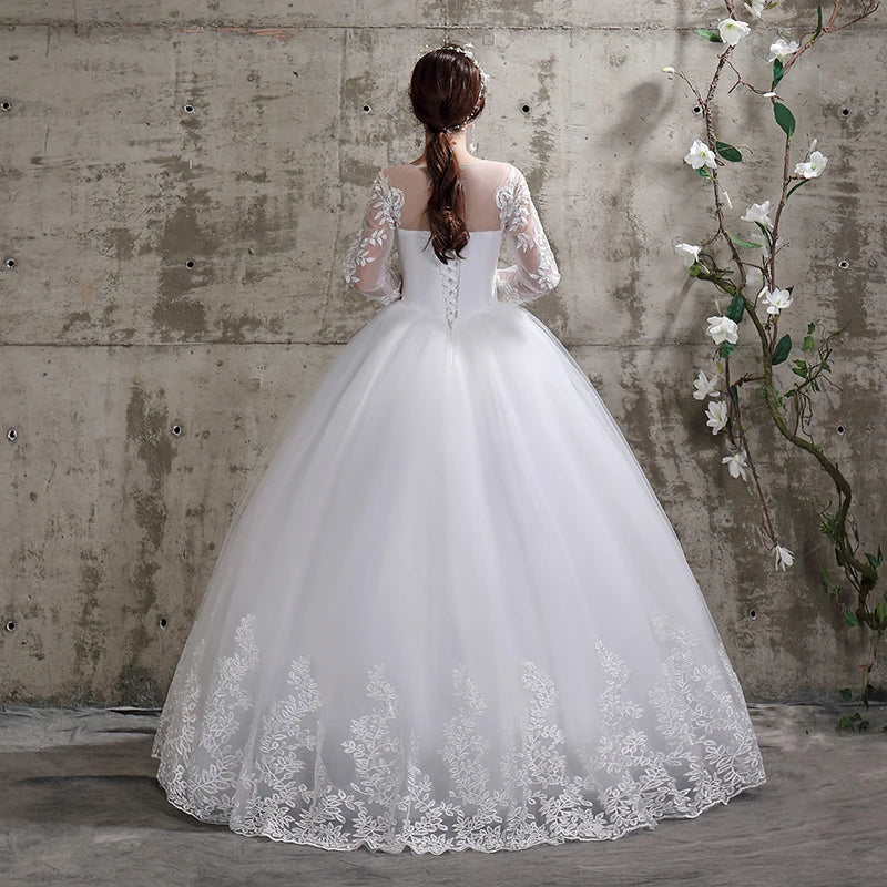 Plus size full sleeve lace-up ball gown wedding dress – detail view – Snowy Bridal