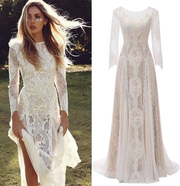 Long Sleeve Backless O-Neck Lace Boho Bohemian  Beach Wedding Dress Bridal Gown