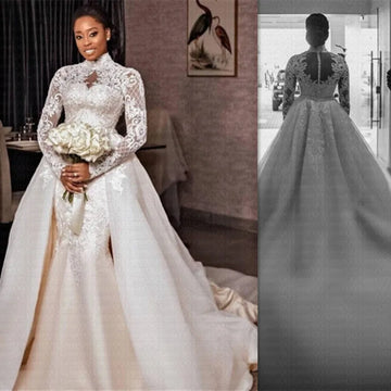 Customized Arrival 2 in 1 African Mermaid Wedding Dresses Sexy High Neck Arabic Bridal Gowns Long Sleeves Lace Robe De Mariee