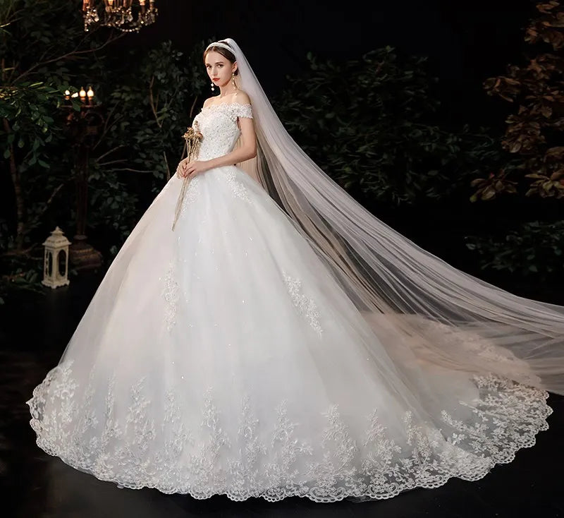 2024 New Boat Neck Wedding Dress Sweep Brush Train Ball Gown Bridal Dress Lace Up Wedding Gowns Vestidos De Novia Customized