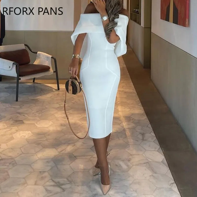 Women Solid Elegant  Off   Shoulder Midi Bodycon Party Formal White Dress