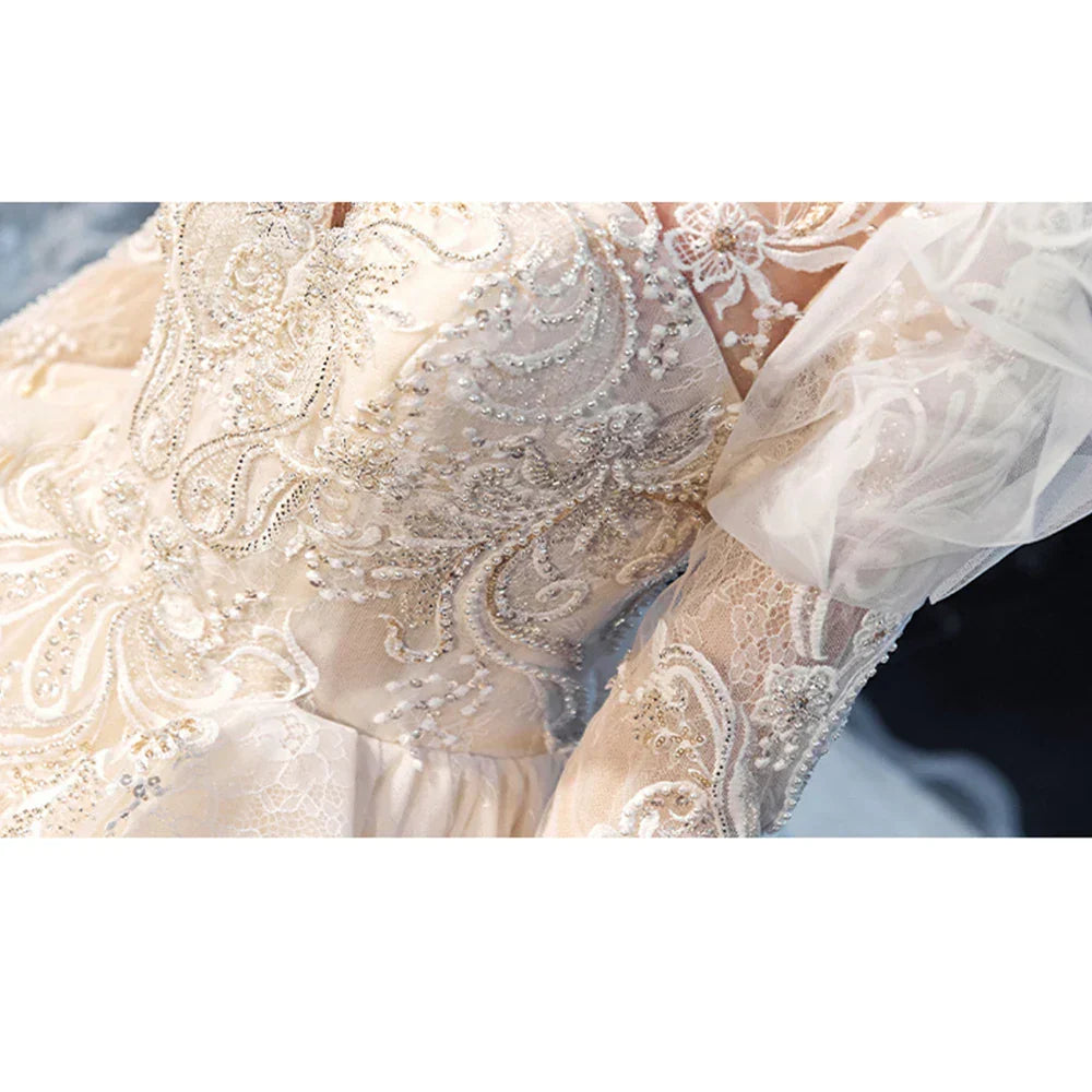 Three Quarter Sleeve Shiny Pearls Crystal Appliques Lace Gorgeous Ball Gown Wedding Dresses Vestido De Noiva