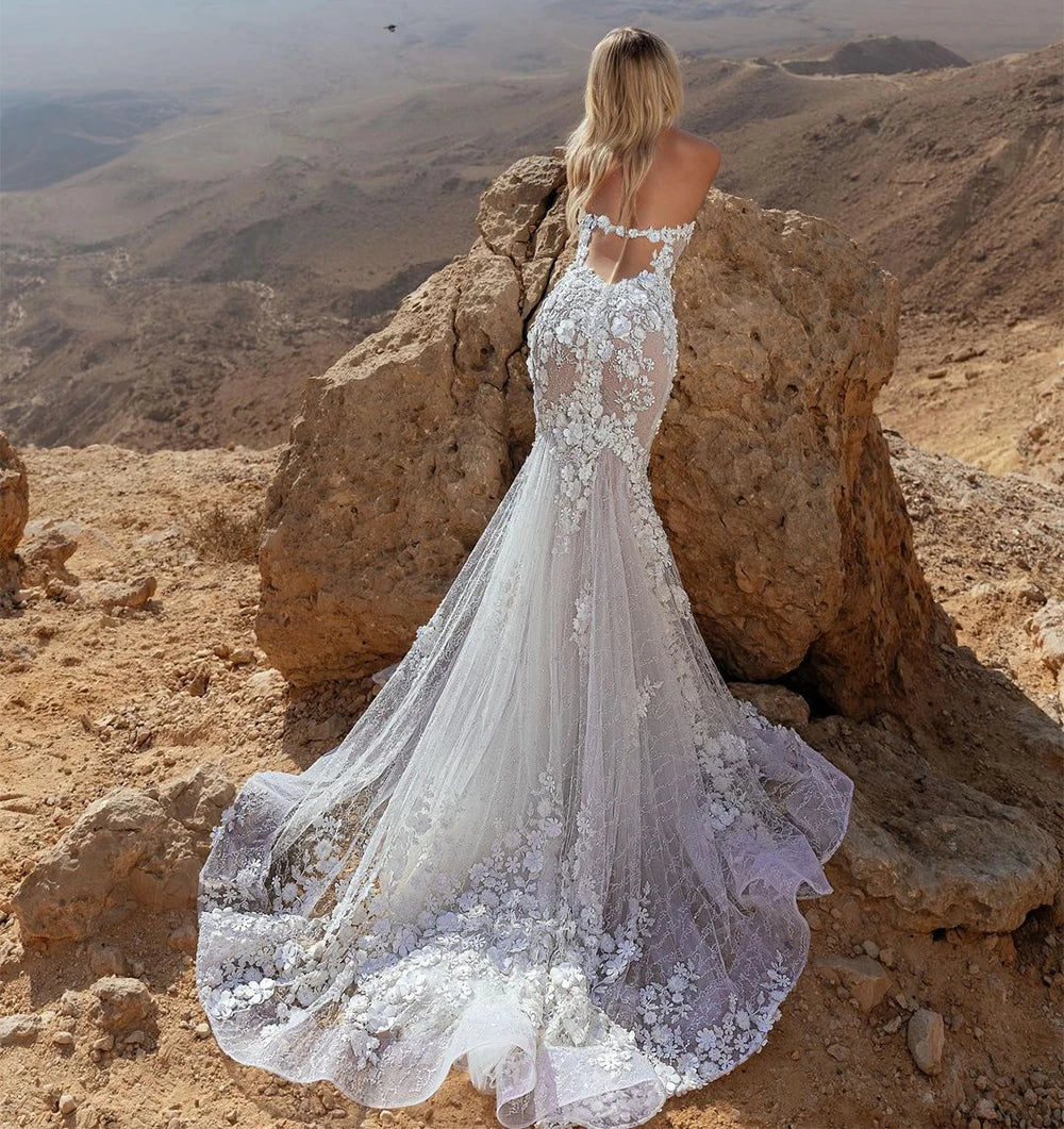 Mermaid lace 3D flowers beading crystal boho sleeveless backless wedding dress front view