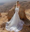 Mermaid lace 3D flowers beading crystal boho sleeveless backless wedding dress front view