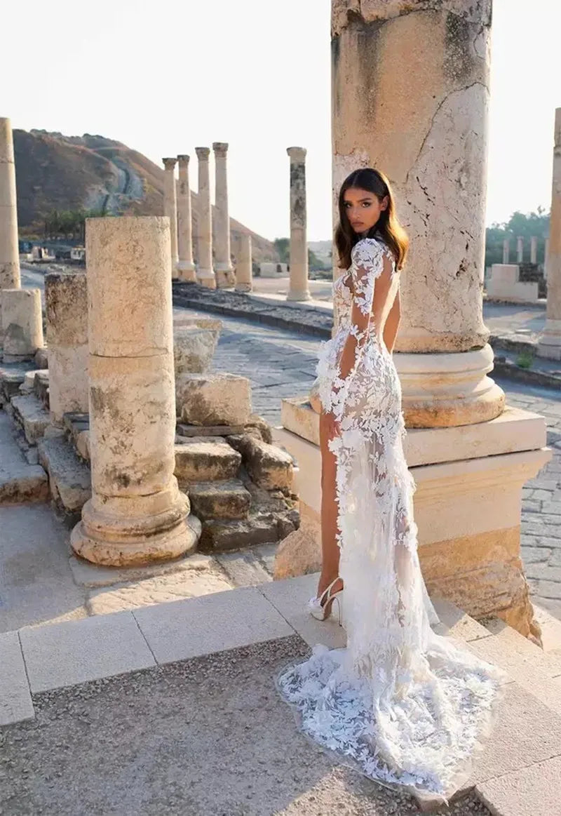 Sexy Mermaid Wedding Dresses 3D Flower High Neck Illusion Tulle Appliques Side Split Wedding Gowns Sweep Train Bride Gowns