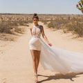Chic Halter Neck Wedding Dress Side Split Tulle A-Line With Short Skirt V-Backless Vestidos De Novia Beach Elegant Robe Gowns Champagne