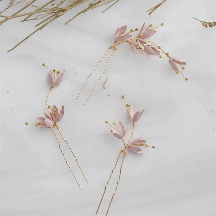 Bridal Accessories Crystal Rhinestones Headpieces Hairpins Pink Flower Hair Pins Clip For Women Brides Headdress Wedding Jewelry