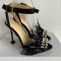 Open toe satin luxury feather goblet heel ankle strap jeweled high heel summer sandals detail