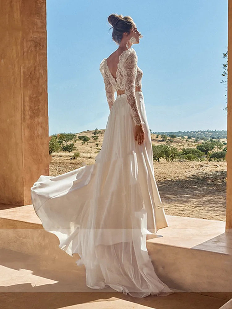 Boho Two Pieces Lace Top Long Puff Sleeves Wedding Dresses High Side Slit O-Neck Backless Sweep Train Princess Illusion