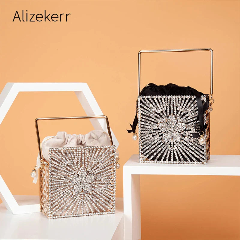 Shiny star Diamonds Evening Bags Women New Luxury Rhinestone Metal Cage Clutch Purse Female Chic Hollow Out Shoulder Bags