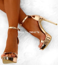 Ankle buckle one strap shining gold platform stiletto heel patent leather high sandals dress shoes side