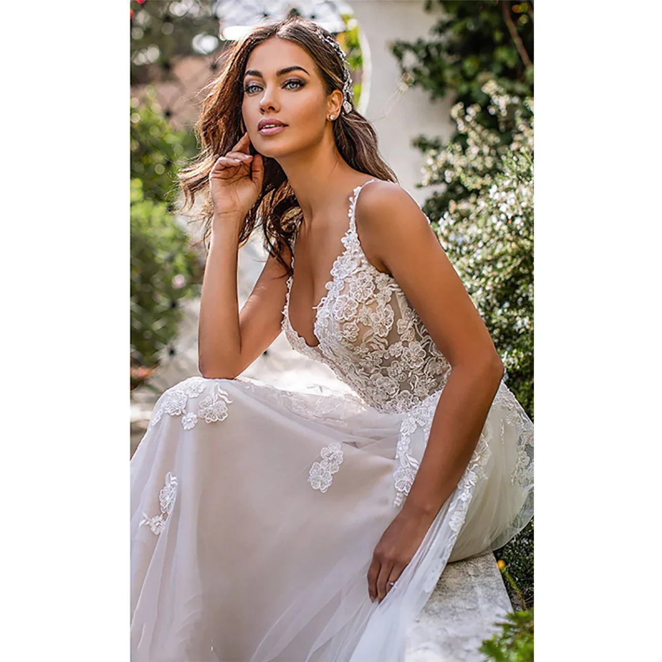 Boho backless 3D flowers spaghetti straps long A-line princess floor length wedding dress side view