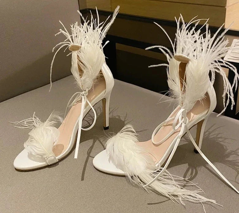 New PU Fashion Peep Toe Sandals Women's Summer Thin Heels Shoes Party Sexy Basic Solid Sweet FEATHER Elegant White