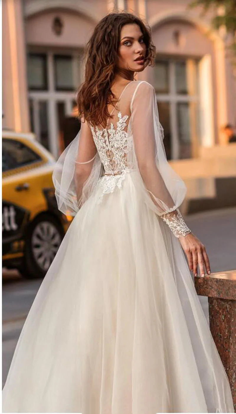 Bohemian long puff sleeves lace appliques princess boho party bridal gown front view