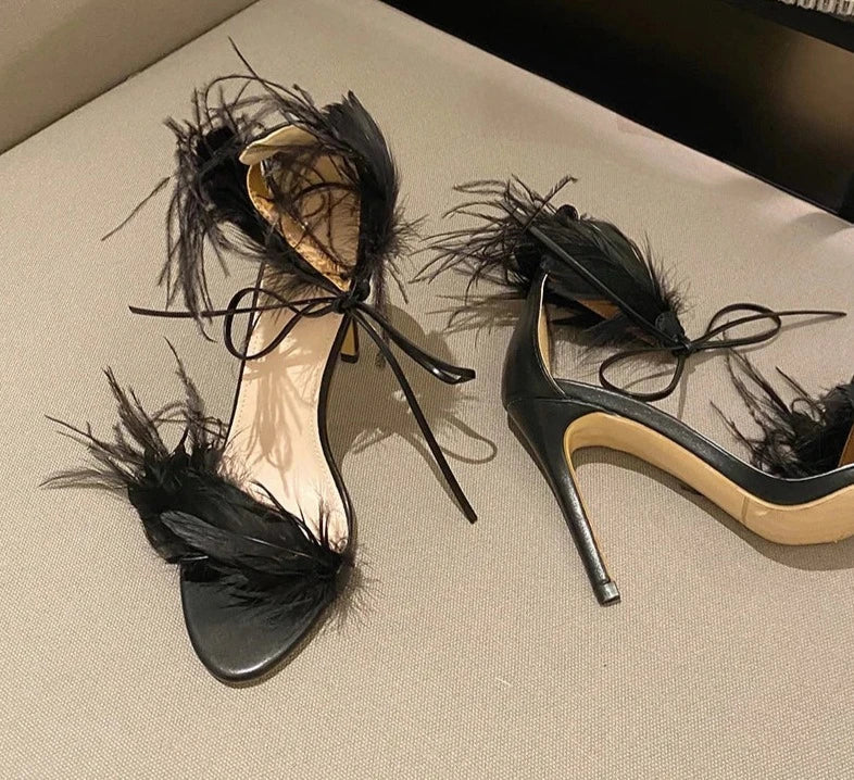 New PU Fashion Peep Toe Sandals Women's Summer Thin Heels Shoes Party Sexy Basic Solid Sweet FEATHER Elegant White