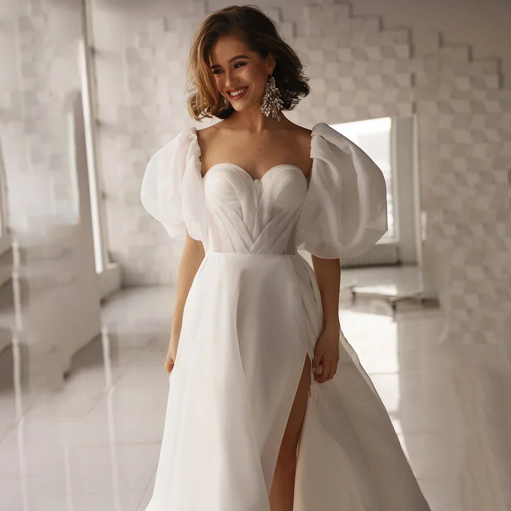 Thigh Split Simple Organza Beach Wedding Dress Custom Made Plus Size Short Lantern Sleeves Plain Sweetheart Ruched Bridal Gowns
