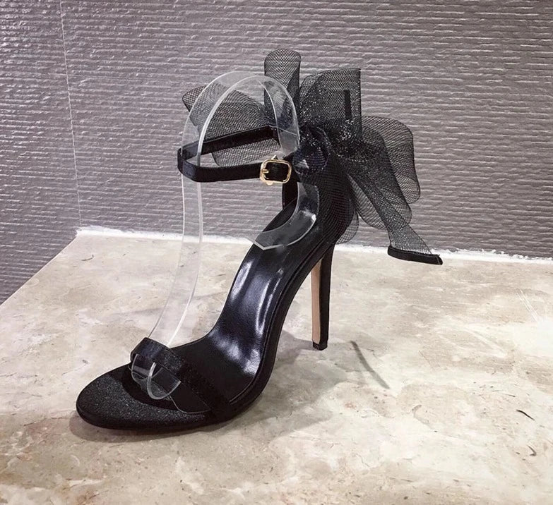 Elegant Silk Pointed Open Toe High Heels Women's Mesh Butterfly knit Cover Heel Buckle Strap Sandals Party Dress