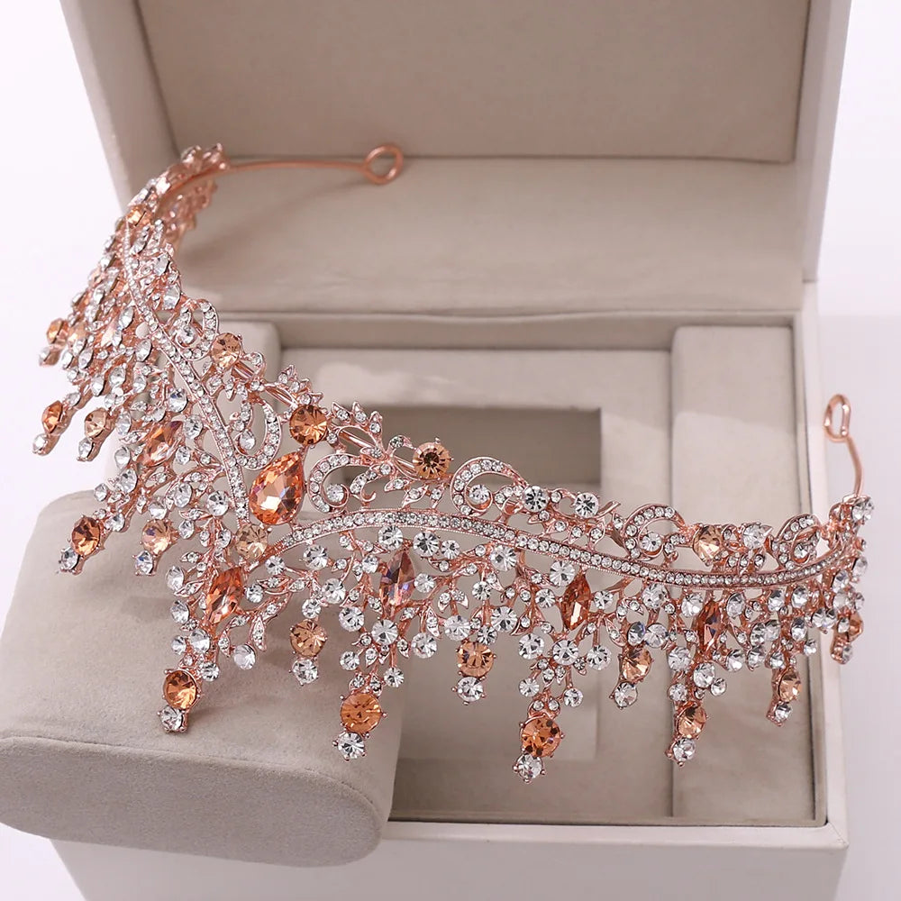 Baroque Retro Rose Gold Color Crystal Bridal Tiaras Crown Rhinestone Pageant Prom Diadem Bride Headband Wedding Hair Accessories
