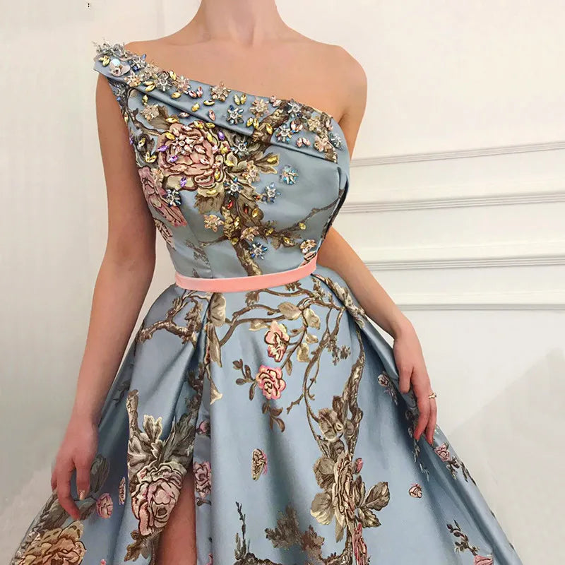 Sexy One Shoulder Side Split Prom Dresses Floral Print Crystal Beaded Party Gowns With Sash Long Women Formal Evening Dress