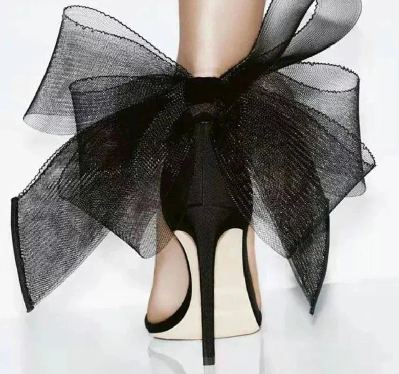 Elegant Silk Pointed Open Toe High Heels Women's Mesh Butterfly knit Cover Heel Buckle Strap Sandals Party Dress
