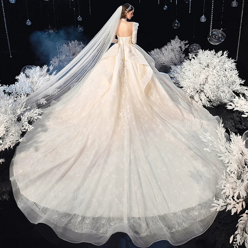 Three Quarter Sleeve Shiny Pearls Crystal Appliques Lace Gorgeous Ball Gown Wedding Dresses Vestido De Noiva