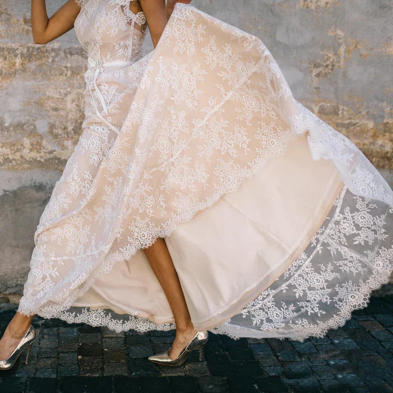 Vintage Champagne Lace Bohemian Wedding Dress A Line Cap Sleeve Sexy Backless Bridal Gown Vestidos de Novia