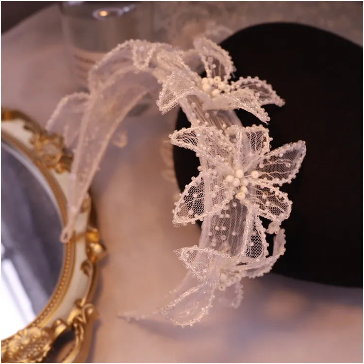 Original design Lace Flower Small Pearl Beaded hairbands Bridal HeadBand Bride Wedding Decoration Hair Accessories