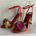 Ankle strappy satin luxury crystal flower bling metal heel sequins party women sandals