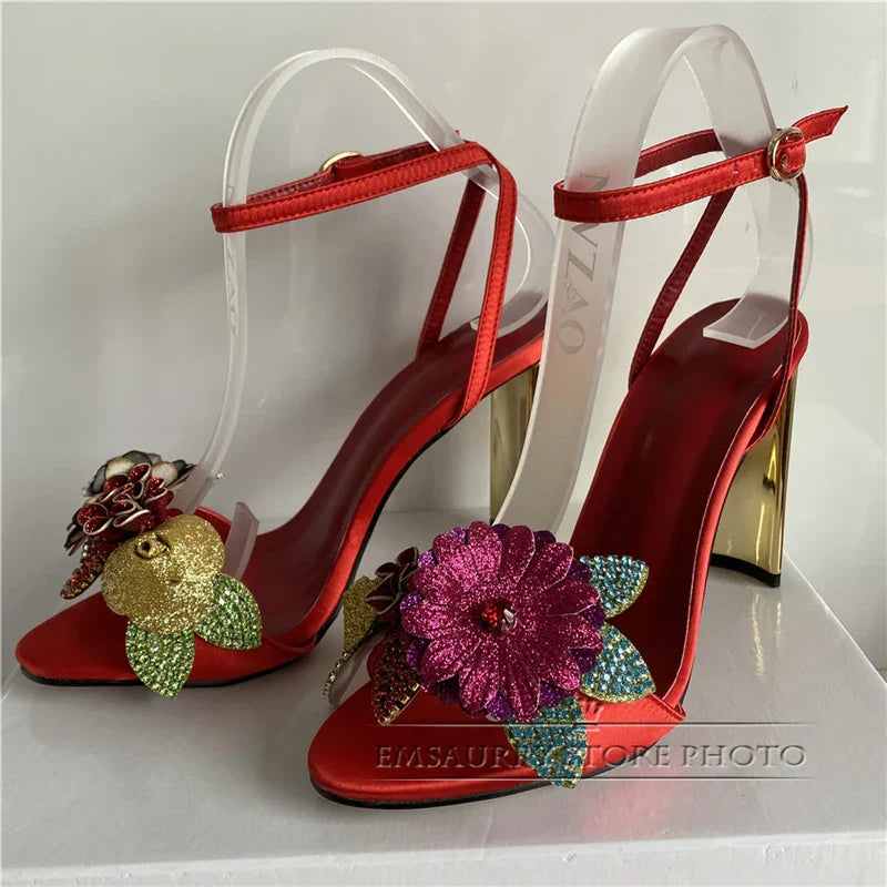Ankle strappy satin luxury crystal flower bling metal heel sequins party women sandals