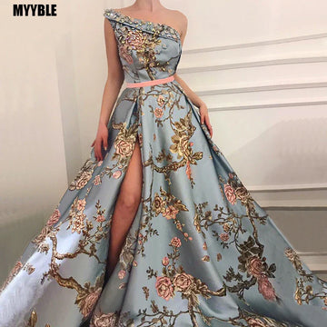 Sexy One Shoulder Side Split Prom Dresses Floral Print Crystal Beaded Party Gowns With Sash Long Women Formal Evening Dress