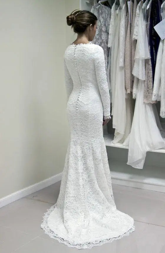 customized Lace Mermaid Muslim Wedding Dress for Bride Long Sleeve Wedding Bridal Gowns Scoop Neckline Robe De Soirée De Mariage