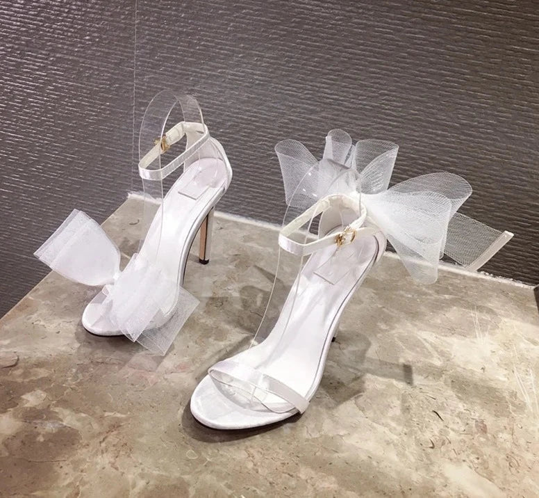 Elegant Silk Pointed Open Toe High Heels Women's Mesh Butterfly knit Cover Heel Buckle Strap Sandals Party Dress