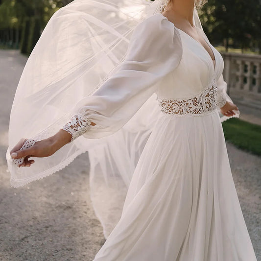 V-Neck Long Chiffon Sleeves Bridal Gown Cut Out Lace Pleated A Line Open Back Zipper Boho Customized Beach Wedding Party Dress