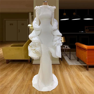 Elegant White Mermaid Prom Dresses Fashion Ruffles Appliques Dubai Evening Gowns Floor Length Formal Pageant Party Dress