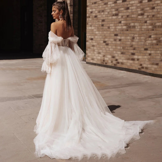 Off Shoulder Appliqued Tulle Wedding Dress Customized Detachable Long Bishop Sleeves Lace Up Princess Sweetheart Bridal Gowns