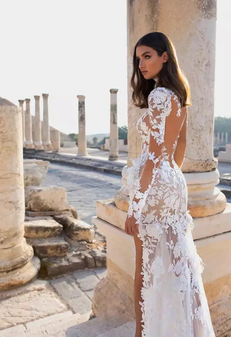Sexy Mermaid Wedding Dresses 3D Flower High Neck Illusion Tulle Appliques Side Split Wedding Gowns Sweep Train Bride Gowns