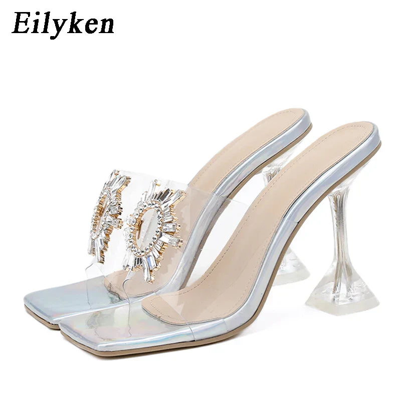 Eilyken PVC Transparent Crystal Sun Flowers Buckle Womens Slippers Summer Square Toe High Heels Sandals Ladies Shoes