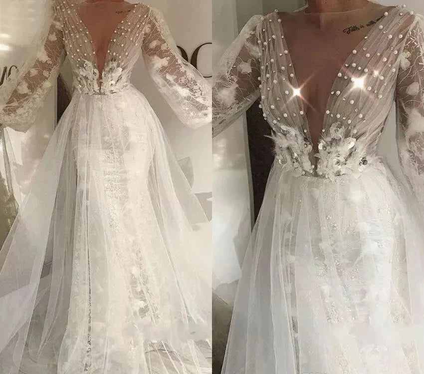 Poet long sleeves boho A-line elegant country formal plus size garden bridal gown side view