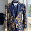 Men groom navy blue gold floral 3 piece slim jacquard tuxedo wedding suit jacket vest pant back view