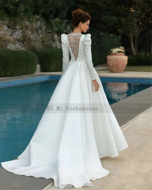 Customized Satin Muslim Wedding Dress Long Sleeve Princess Vintage Bridal Dresses A Line Beads High Neck Wedding Gowns Turkey