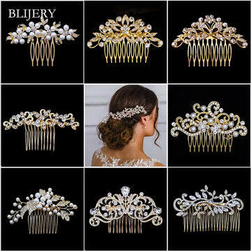 Fashion Gold Color Pearls Crystal Floral Hair Combs for Women Brides Headpiece Bridal Wedding Hair Accessories Gifts