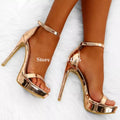 Shining gold patent leather high platform stiletto heel sandals one strap ankle buckle dress shoes