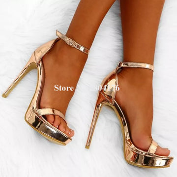 Shining gold patent leather high platform stiletto heel sandals one strap ankle buckle dress shoes