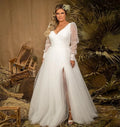 Simple plus size long sleeve tulle split V-neck elegant bridal gown close-up