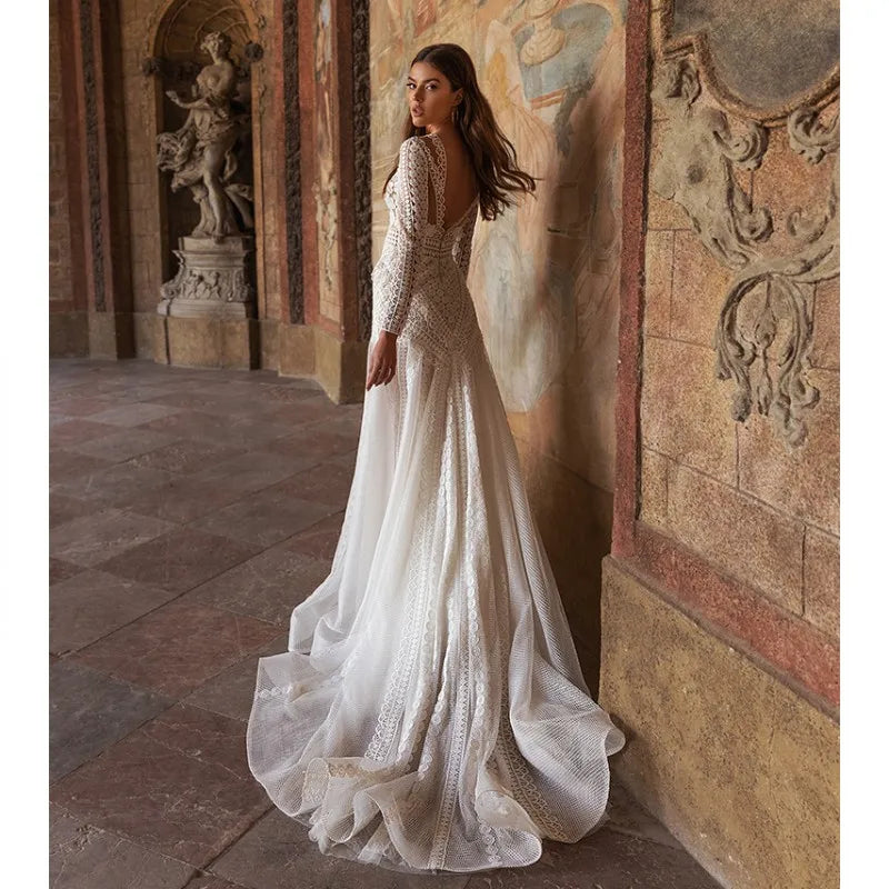 Elegant backless A-line sheer scoop neck tulle lace appliques wedding dress front view