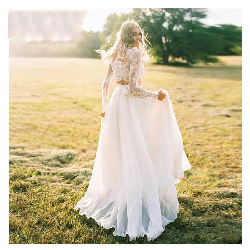 Lace Long Sleeves Chiffon Wedding Dresses Two Piece Bridal Gowns Simple Robe De Mariage Cheap