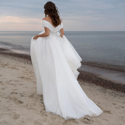 Off Shoulder Criss Cross Simple Beach Wedding Dress Customized Plus Size Ivory Backless Ruched Organza Plain Long Bridal Gowns