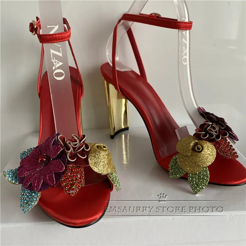 Crystal flower metal heel satin luxury bling ankle strappy sequins party women sandals side view