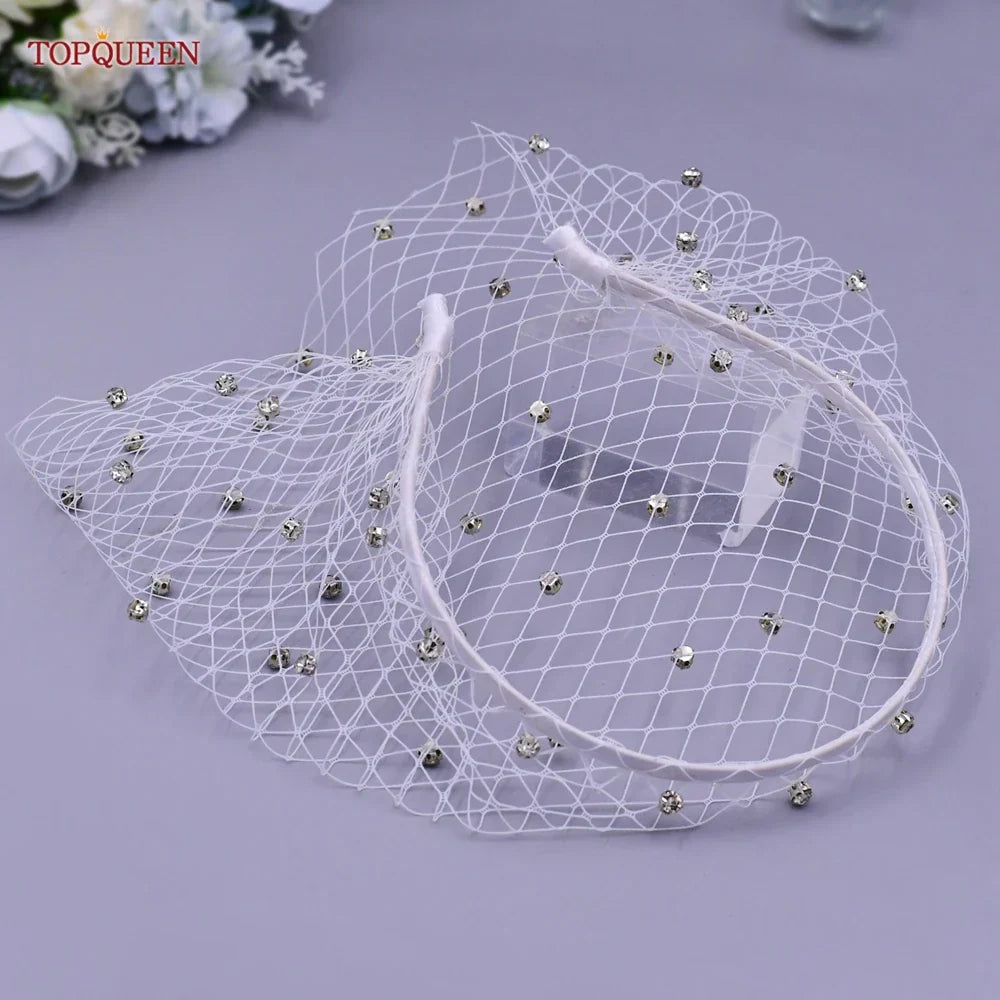 TOPQUEEN VA06 Face Veil Russian Tulle Cage Veil with Rhinestones Simple Detachable Blusher Veil Pearls Birdcage Veil on the Face